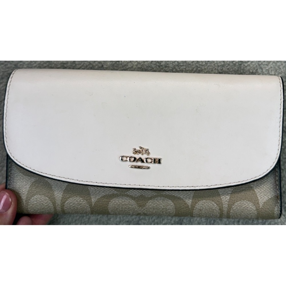 COACH Womens Signature Canvas Wallet White Leather Flap Tri Fold Card Holder
